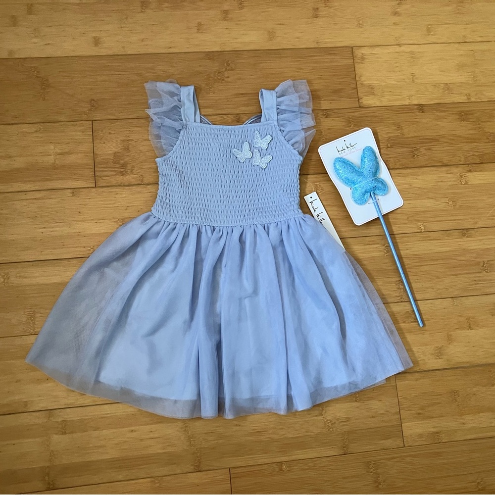 NWT Girls Size 5T Dusty Blue Tulle Dress w/ Wings On Back